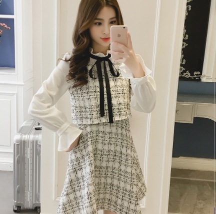 ツィード膝丈ワンピース ワンピース ひざ丈 長袖 ラウンドネック Aライン フリル リボン ツィード