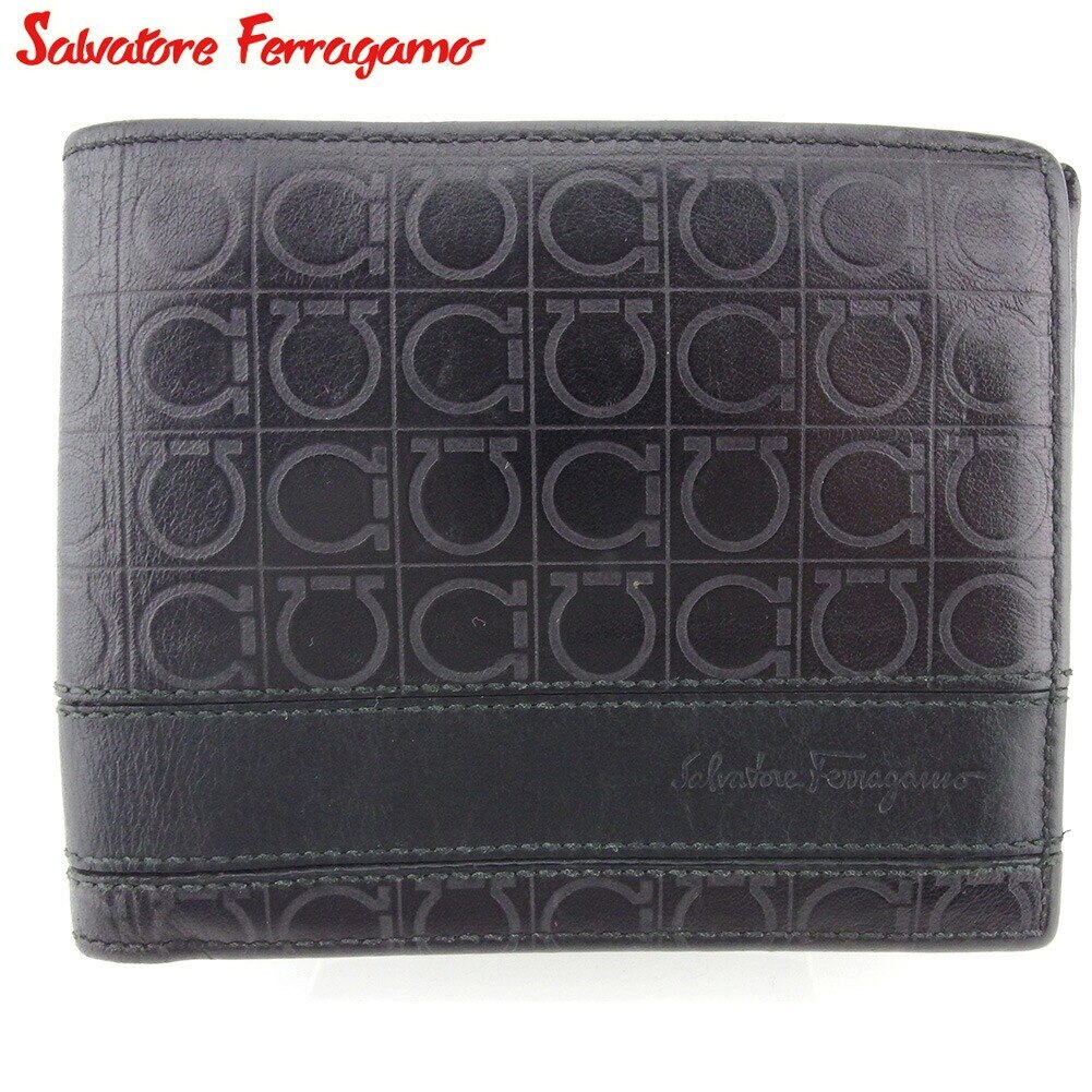 二つ折り 札入れ ミニ札入れ ガンチーニ柄 メンズ ブラック 中古