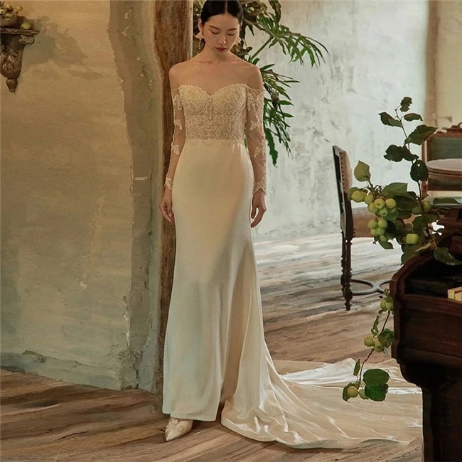 ホワイト オフショルダー ウェディングドレス　Aライン　ファスナータイプ　トレーン レース 素地 　xs～xxl　Wedding Dress　お花嫁　結婚式　旅行撮影演出　レディースウェディングド