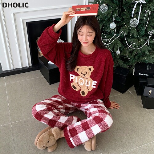 両起毛ソフトウエストゴム長袖ワイドチェックベアパンツスウェットパジャマSET・1950221