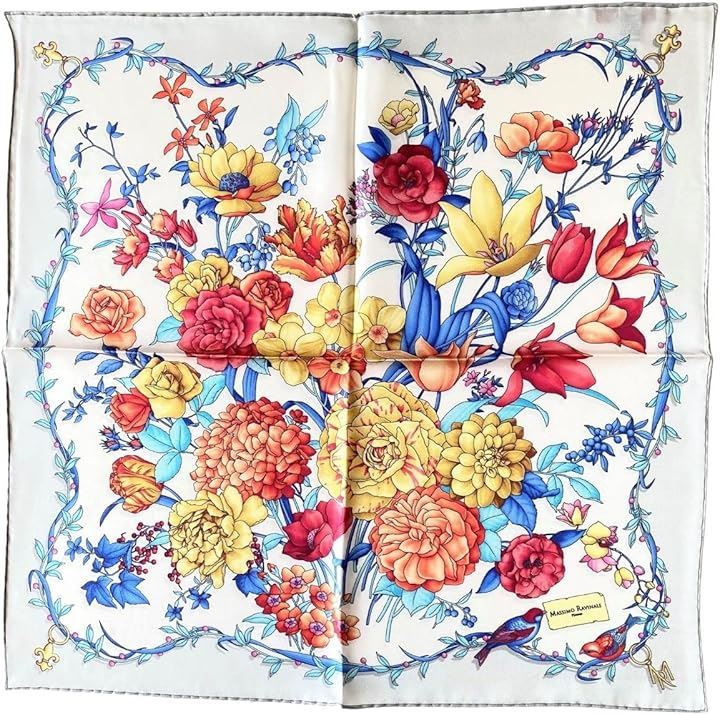 マッシモ ラヴィナーレ スカーフ レディース シルク100% 大判 85x85 正方形 イタリア製 フラワーガーデンと小鳥( ビアンコ, Free Size)