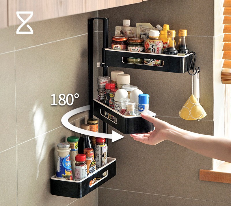 新着なく台所壁掛け調味料ラック スパイスラック 回転可能 上層と下層の高さを調整可能 3層壁掛け 回転フローティングシェルフ キッチン調味料ハンギングラック 省スペース 取り外し可能な収納ケース付き（