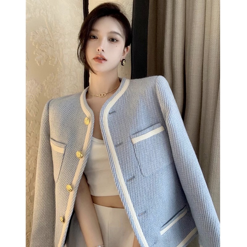 ノーカラージャケット ブルージャケット カーディガン ジャケット ショートジャケット ゴールドボタン ツイードジャケット 春夏 レディース 可愛い オシャレ 綺麗め 韓国 薄手 20代 30代 40代