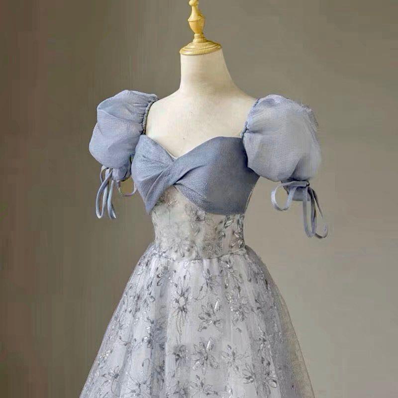 パフスリーブ付き女性用バンケットイブニングドレスブルーブライダルウェディングスーツコーラスパフォーマンススーツ