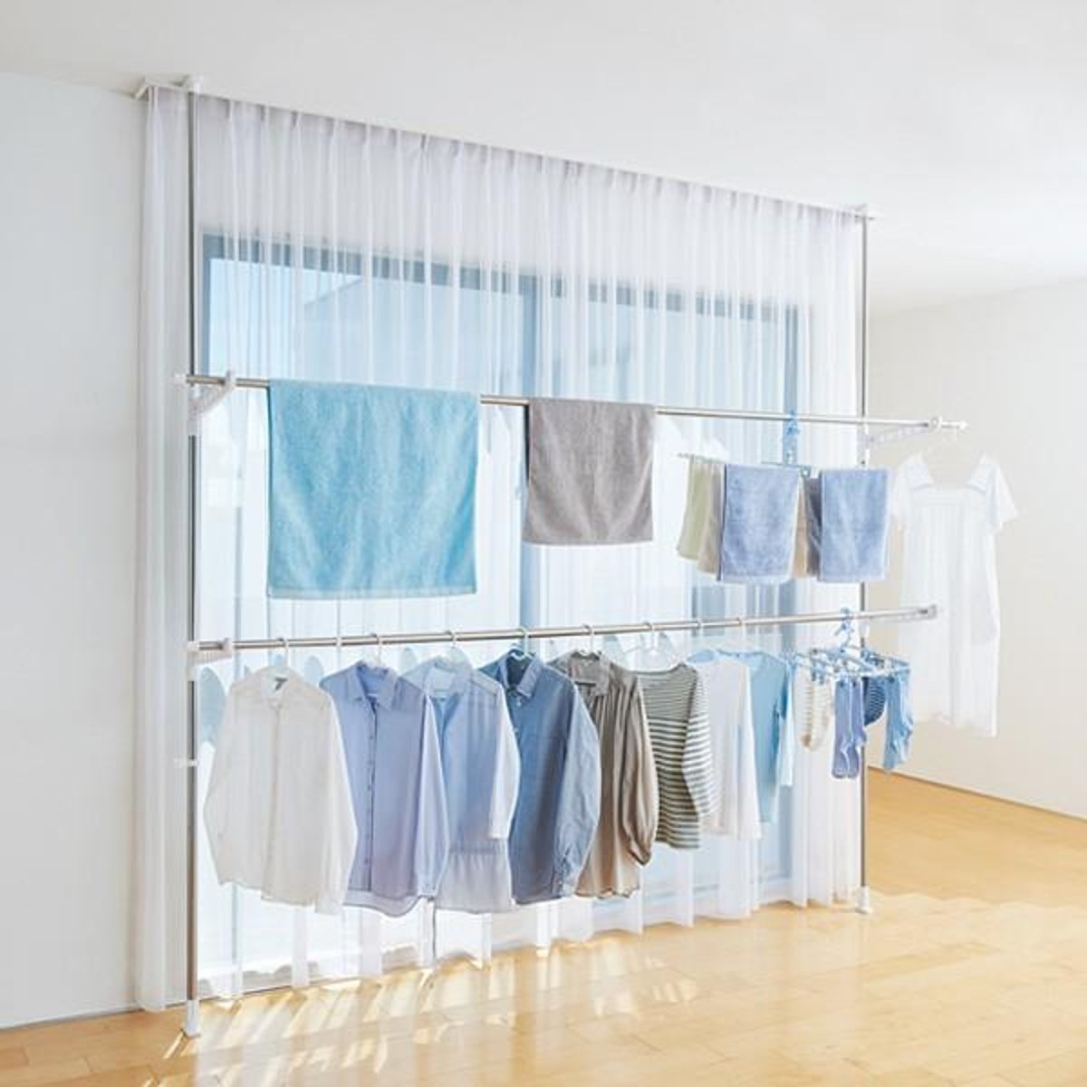 室内物干し 竿受け PORISH 突っ張り式 2段 高さ201ー300cm 部屋干し 突っ張り 物干しポール 突っぱり ランドリースタンド ロング 折りたたみ コンパクト 物干し 室内 洗濯