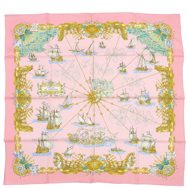 エルメス スカーフ カレ90 CARRE シルク ピンク系 【VOILES DE LUMIERE/光の帆】 【中古】
