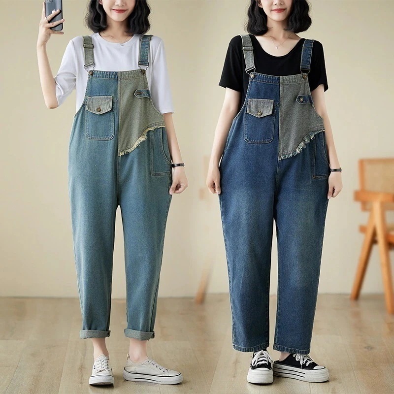 オールインワンパンツ 着痩せ ワイドパンツ ゆったり 大きめ 春秋 レディース デニムサロペット