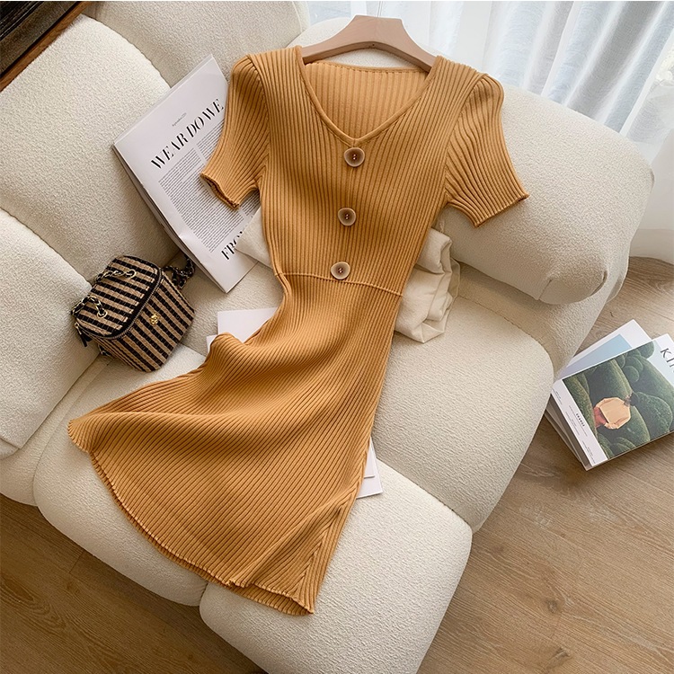 優しい茶休韓系ワンピース女性夏小柄気質デザイン感小衆ギャルニットワンピース