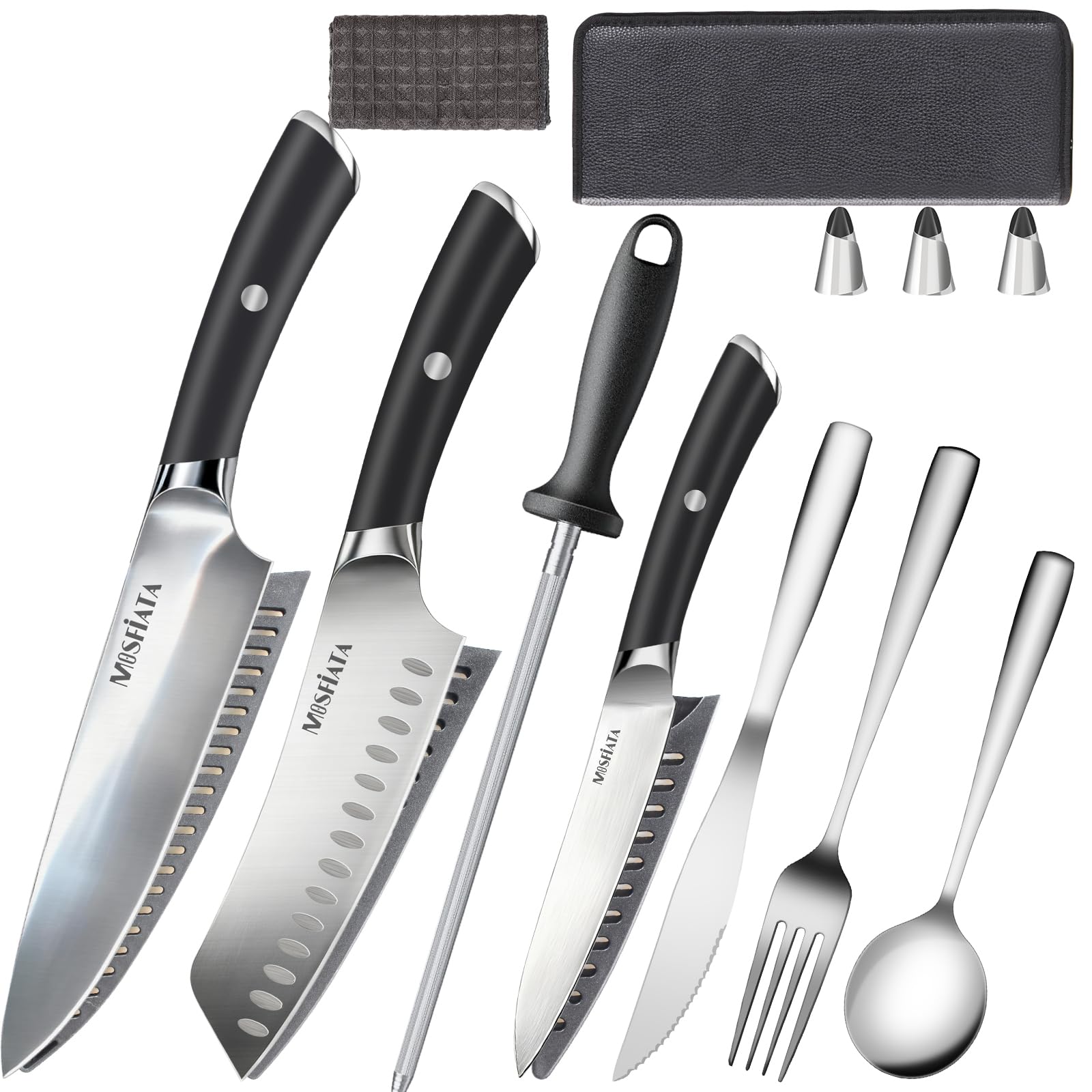 MOSFiATA包丁セット包丁収納セットプロ日本三徳包丁セットステンレスフォークナイフ研ぎ器防水収納袋牛刀包丁食器セット(6PCS)