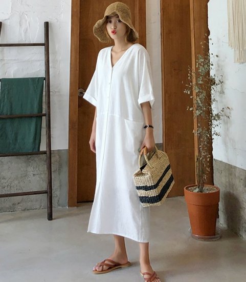 【取寄：納期2週間】シャツワンピース レディース 大きいサイズ ロングワンピース 春 夏 綿 麻 コットン