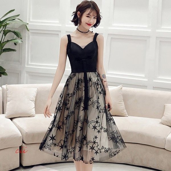 ワンピース レディース フォーマル 星柄 ドッキング お洒落 キャミドレス ミモレ丈ドレス 成人式 二次会 Vネック Aライン パーティードレス