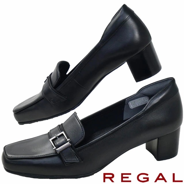 リーガル パンプス レディース ローファー ベルトヒールアップローファー スクエアトゥ 脱げにくい カジュアルシューズ F66Q ブラック 靴