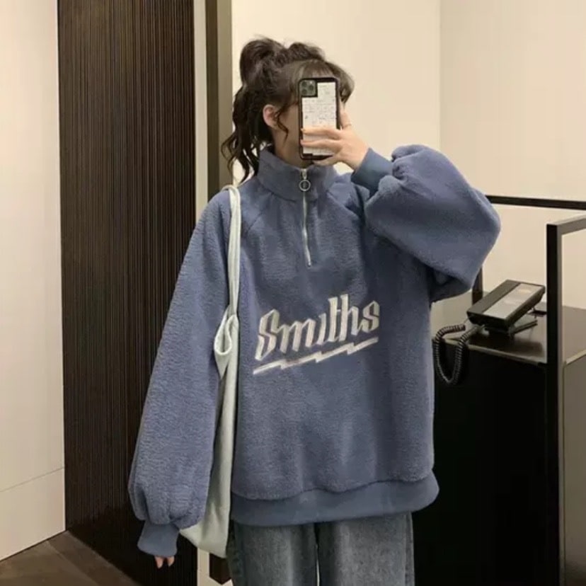 3色 アウター トップス プルオーバー フリース レディース 秋冬 カジュアル ゆったり 厚手 長袖 ボリューム袖 萌袖 スタンドネック BIGシルエット もこもこ ファスナー ハーフジップ ホワイト