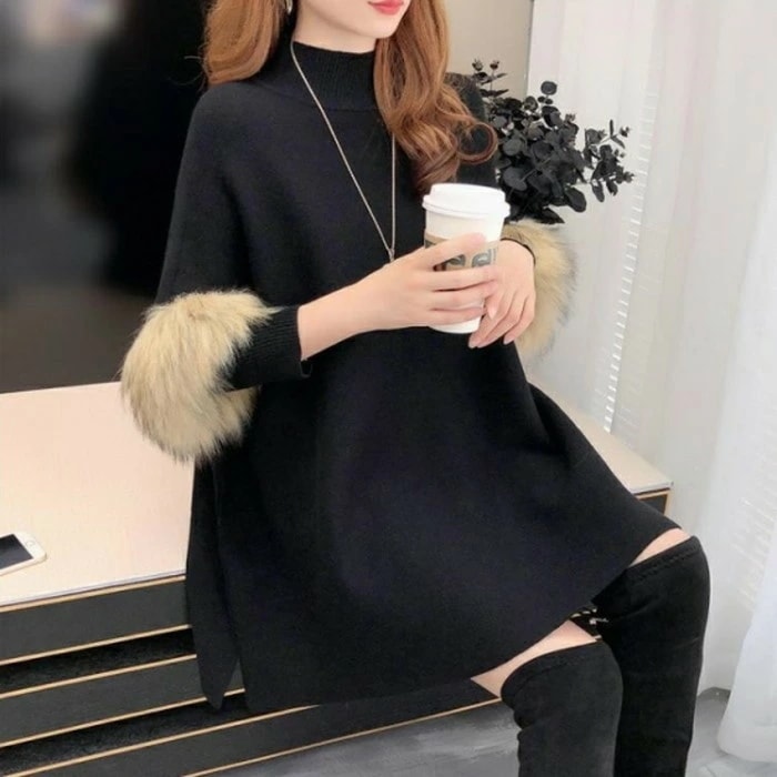 秋冬 5color ハイネック ファー付き 長袖 ニット Aライン トップス サイドスリット プルオーバー レディース トップス 長袖 カジュアル かわいい フェミニン きれいめ 大人可愛い 上品 き