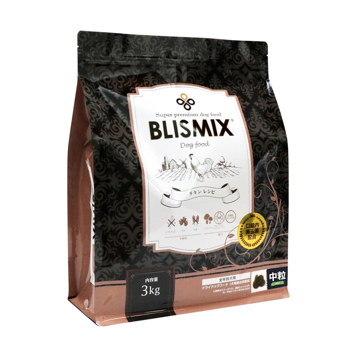 ブリスミックス チキンレシピ 中粒 3kg BLISMIX ドッグフード 鶏 乳酸菌 成犬 子犬 高齢犬 ドライフード