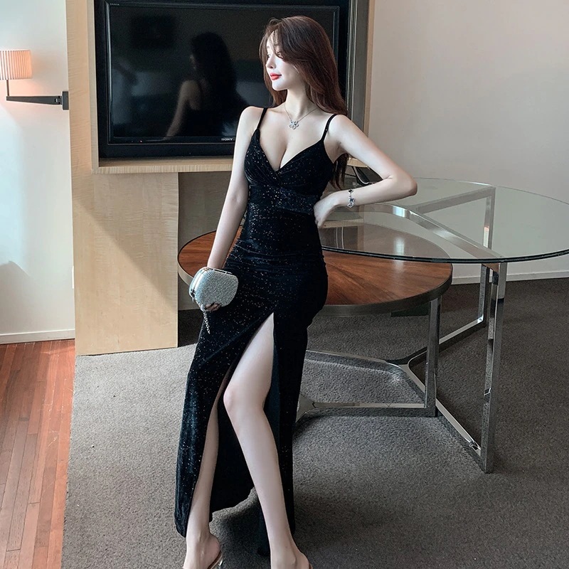 EVENINGベルベット ブロンズ イブニング ドレス フェミニン セクシー バンケット サスペンダー 薄いバックレス スパンコール スカートを表示