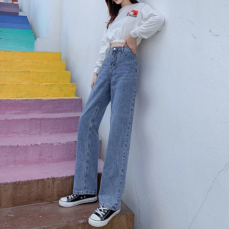 ハイウエスト細身ワイドレッグジーンズ女性秋新作ゆったりドlレープストレートドラッグパンツ