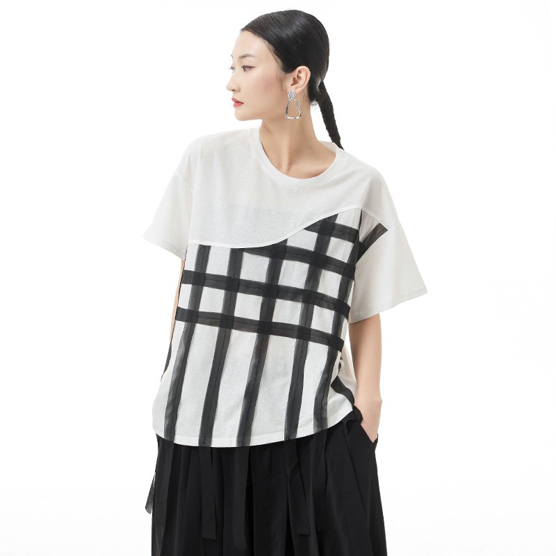 フランスのレトロな丸首半袖tシャツ夏の薄いモデルのゆったりとしたパッチワークの大衆デザイン感上着30%制限