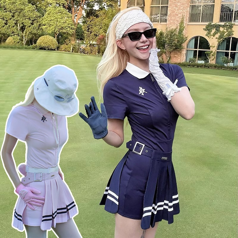 2025新作 ゴルフウェア スカート 半袖 上下セット ピンク/ネイビー アウトドア 通気/排汗/速乾 レディース ゴルフ スポーツ テニスウェア