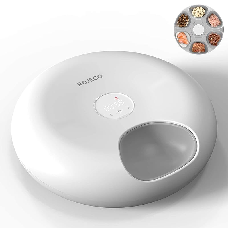 ROJECO【保冷と鮮度保持】自動ペット給餌器 猫中小型犬用 充電式 留守番対策 ウェットフード対応 オートフィーダー(6食分) タイマーセット可能 配線不要 (自動給餌器(6食分))
