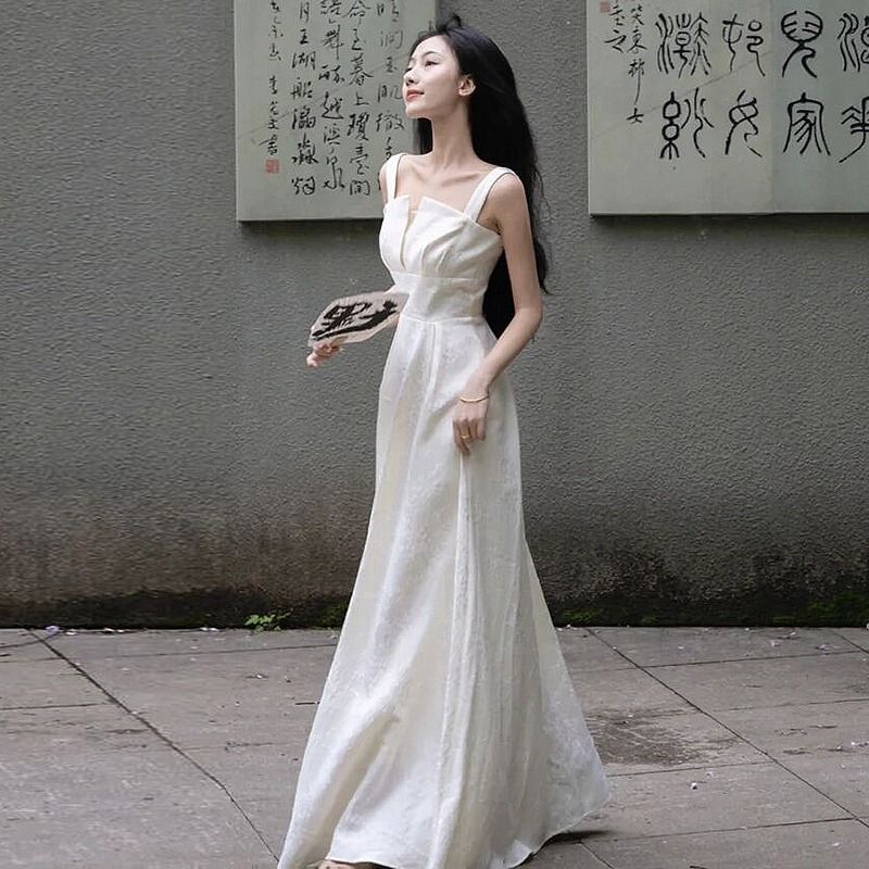 ドレス マキシスカート春と夏ヴィンテージ中国サスペンダースリム気質ハイエンドドレス韓国ファッション レディース