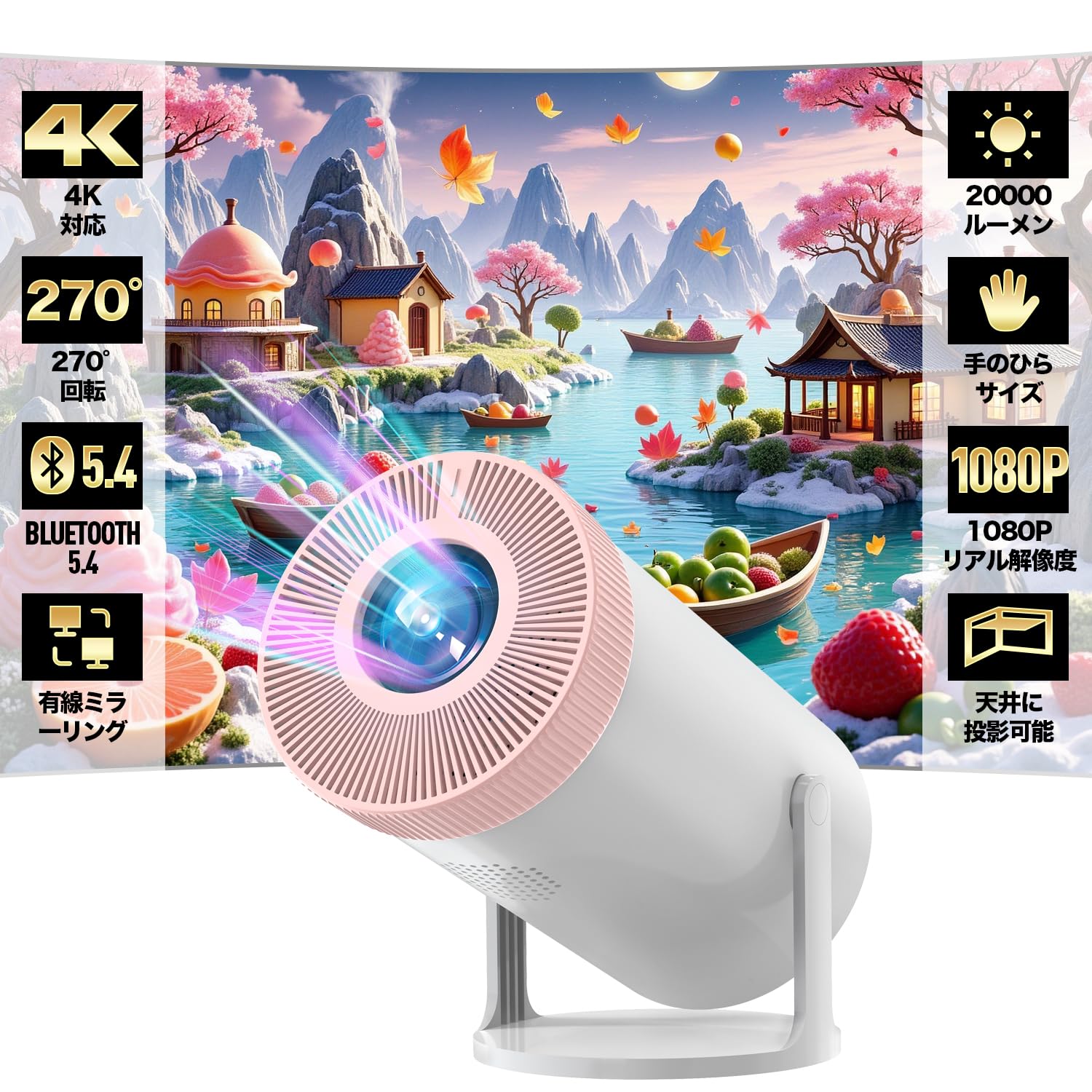 【2025年新機種20000LM270回転】プロジェクター 小型 270回転 1080P Bluetooth5.3 4K対応 台形補正 HiFiスピーカー内蔵 ホームプロジェクター 50％ズー