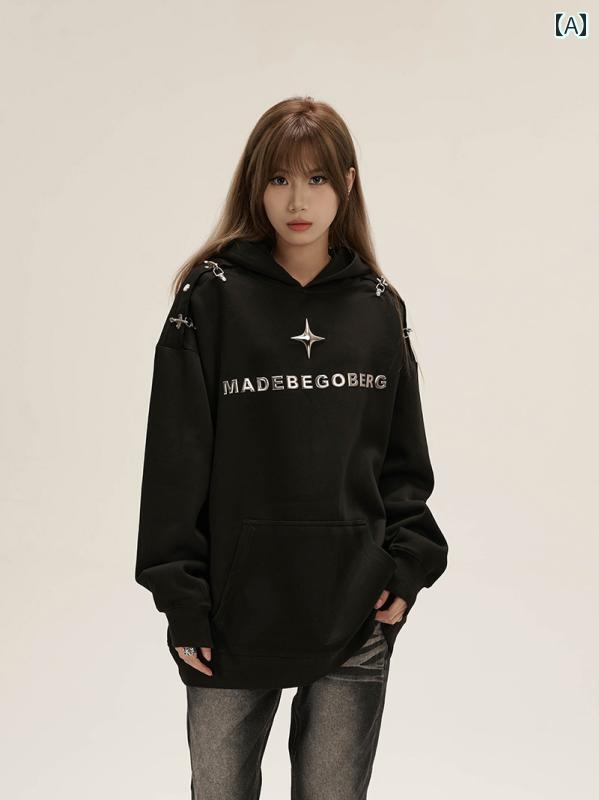 パーカー レディース カジュアル アメリカン レトロ フード スウェットシャツ ロック パッチ ストリート パーカージャケット