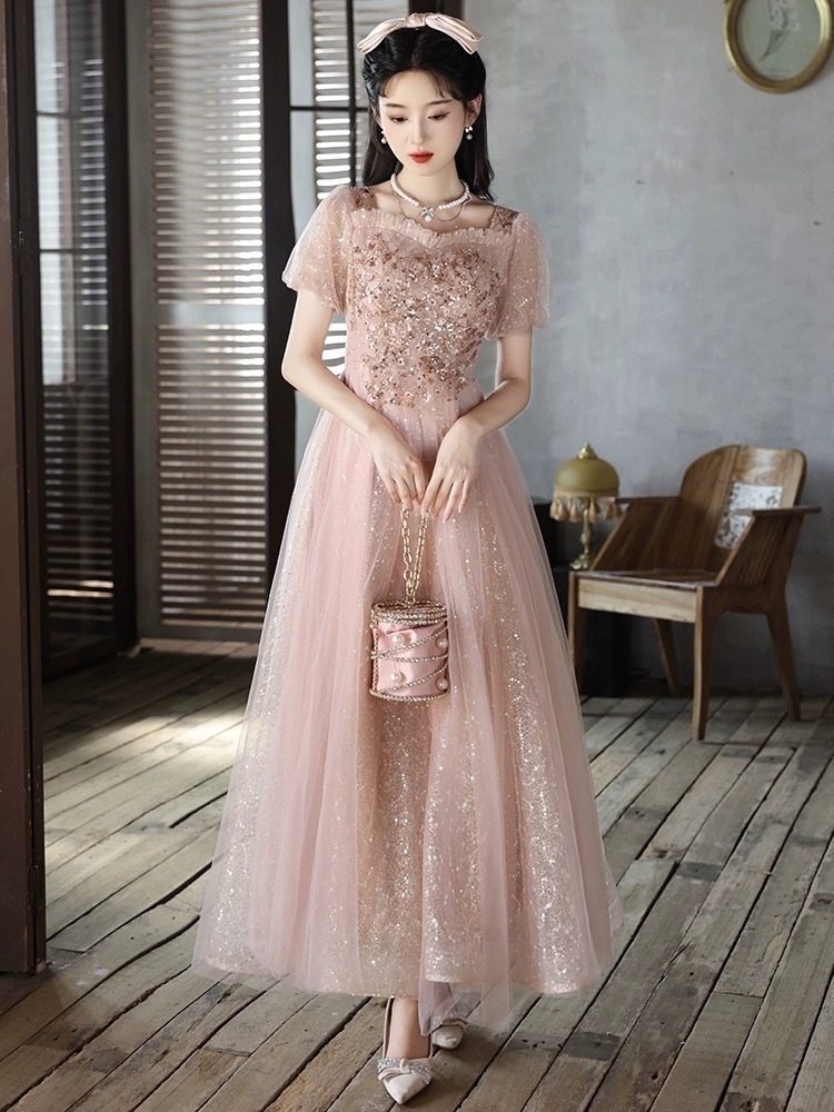 ピンクのイブニングドレス女性妖精誕生日パーティーホストパフォーマンスドレスプラスサイズトーストブライズメイドドレス