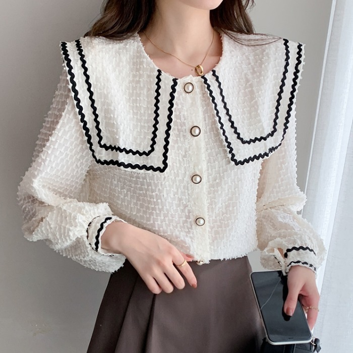 レディース トップス ブラウス レトロ ガーリー キュート モノトーン きれいめ 上品 清楚 高見え 姫 長袖 白 黒 ホワイト ブラック 20代 30代 40代 通勤 通学 オフィス
