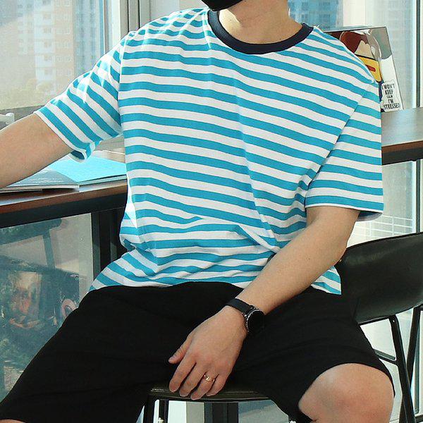 WUN メンズ ビッグサイズ マリンストライプ半袖Tシャツ