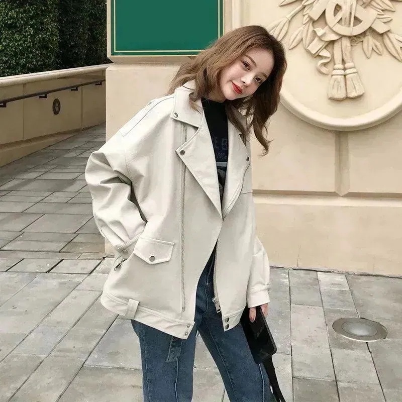 ジャケット アウター スーツ ジャケット アウター 韓国の女性ファッション エコレザーツーウェイファスナージャケットライダース