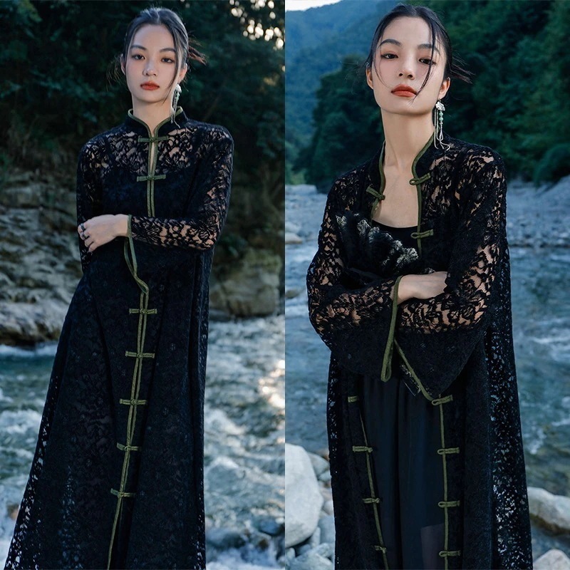 ロングカーディガン レースカーディガン チャイナ風カーディガン レディース 長袖 改良唐装 ゆったり 紫外線対策