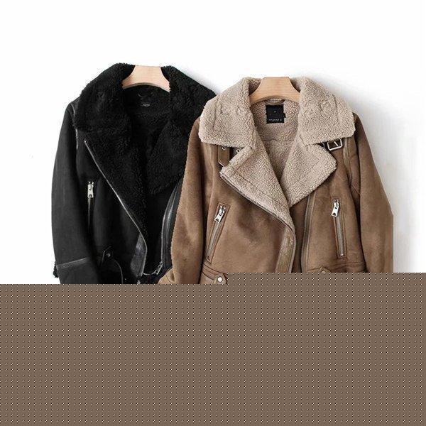 ムートンコートライダースジャケットレディースアウターボア裏起毛おしゃれ防寒レザー冬ゆったり暖かい毛皮コートモコモコ