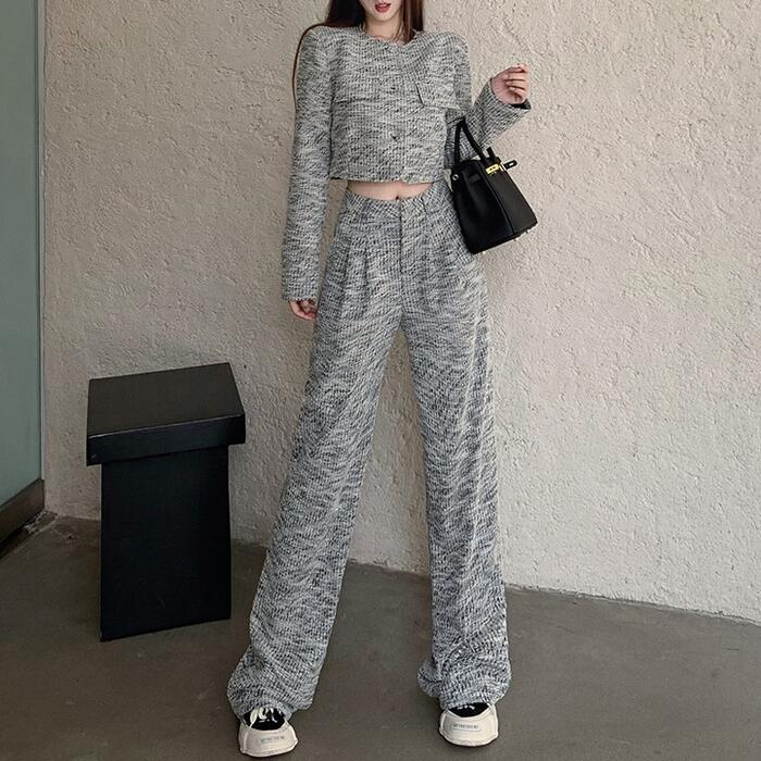 セットアップ 2点セット スーツ ジャケット パンツ ツイード 長袖 ロングパンツ ショート丈 おしゃれ 大人 可愛い エレガント きれいめ カジュアル ハイウエスト クロップド丈 フェミニン 体型カ