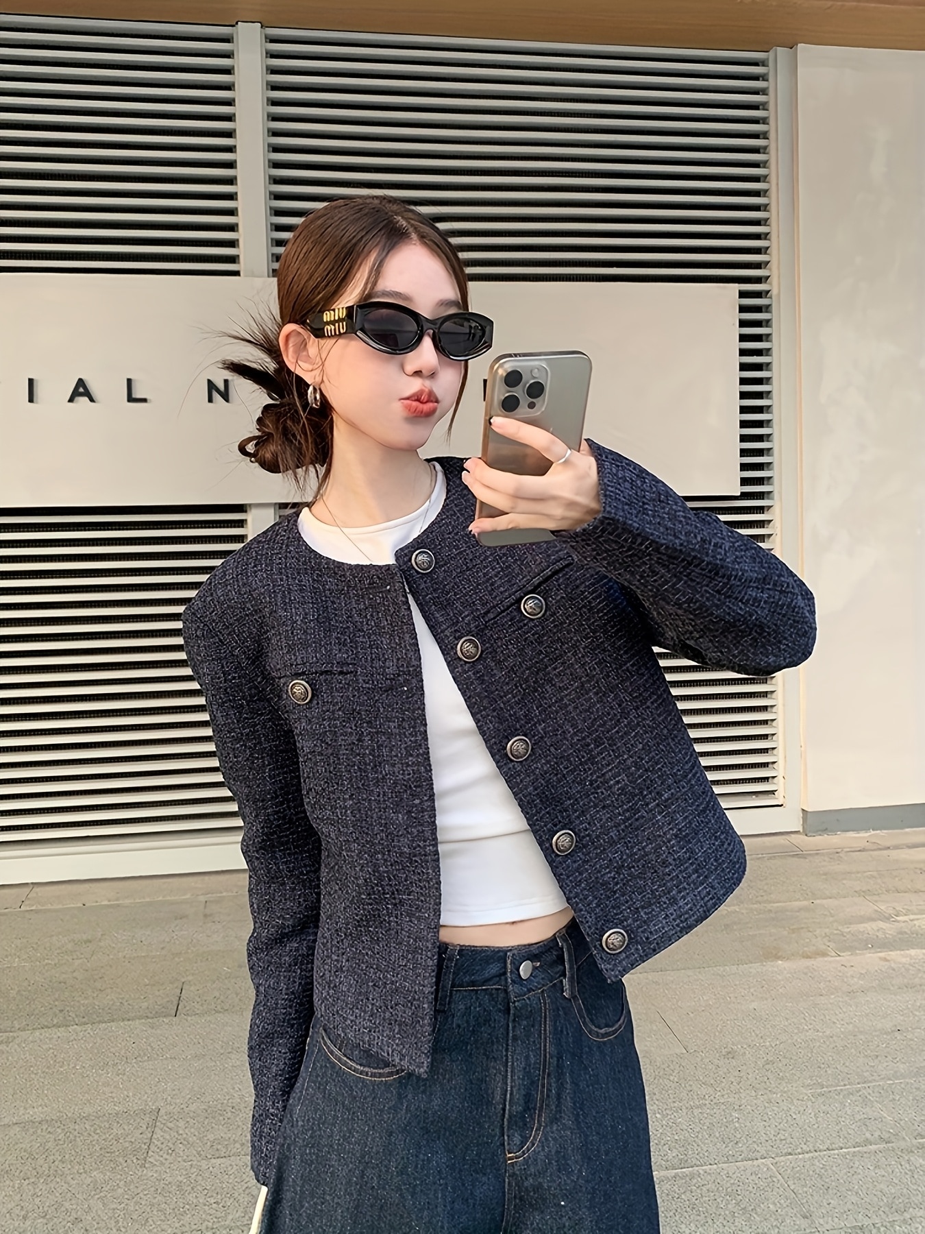 ヴィンテージ風ネイビージャケットゆったりシルエット長袖秋コーデに最適