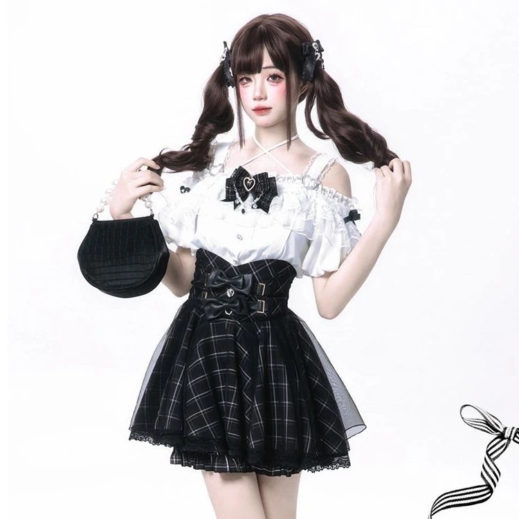 暗黒地雷系量産型日系サブカルモノクロレーストップススカート2着メイド服