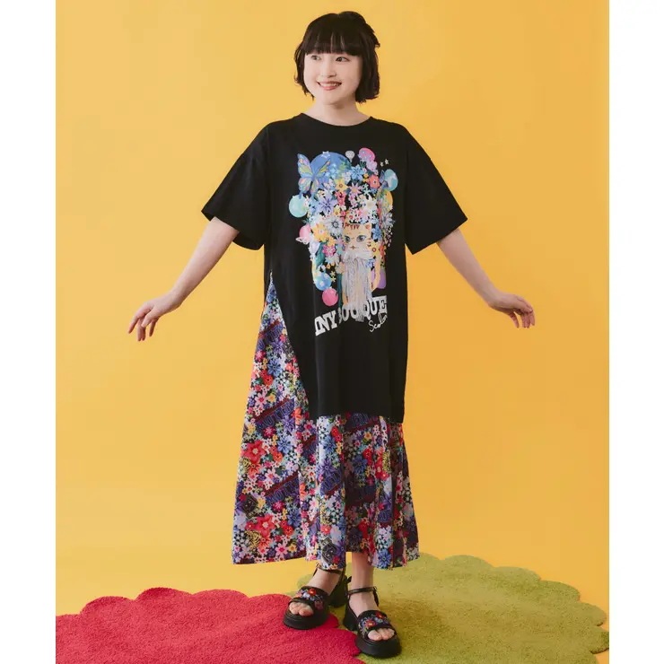 レースリボン×花ネコプリント 花柄スリット切替ワンピース