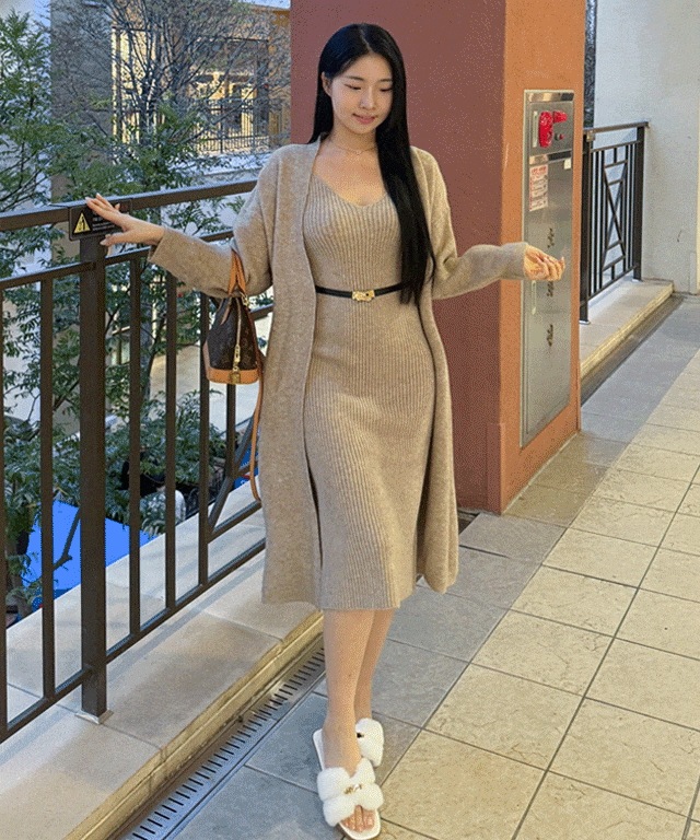 [ ] ニットロングカーディガン+ワンピースset