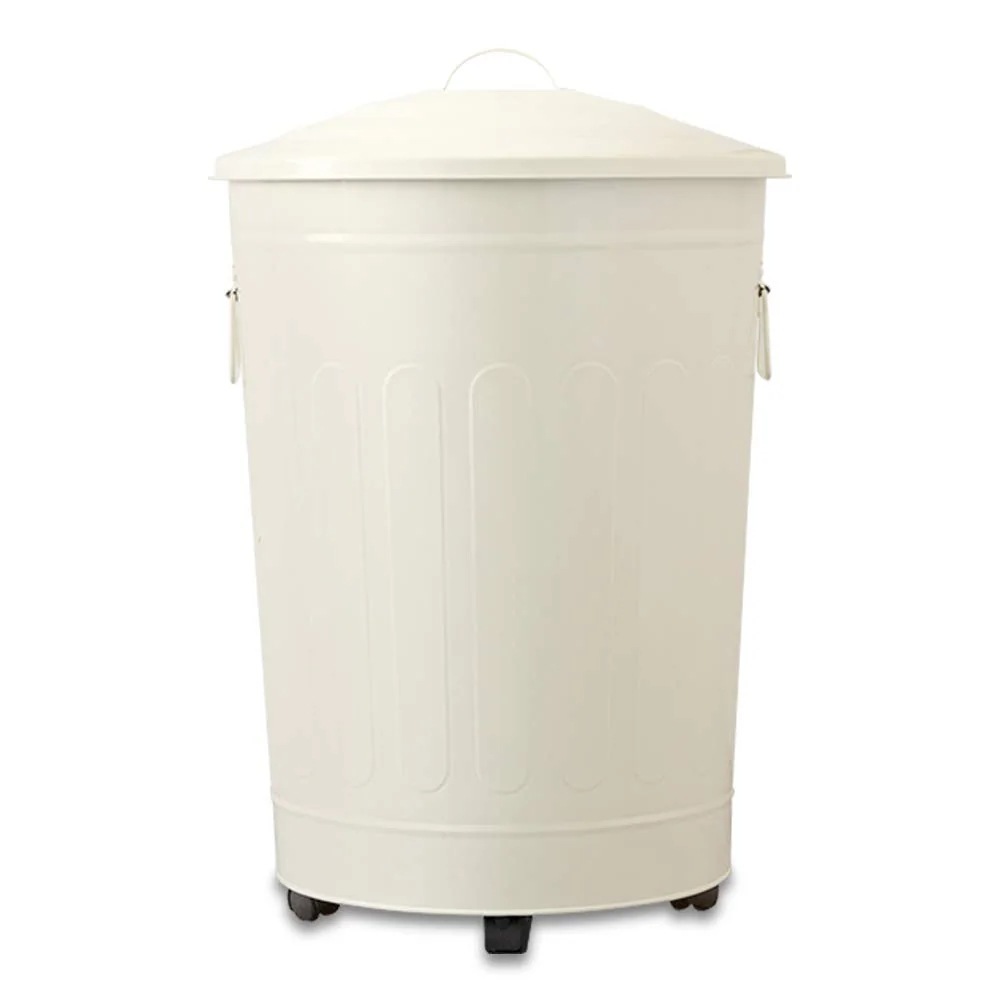 ふた付きゴミ箱 バケツ型 キャスター付き 【49L / オフホワイト】 45リットルゴミ袋対応 スチール製 高さ57cm レトロ 蓋 取っ手付