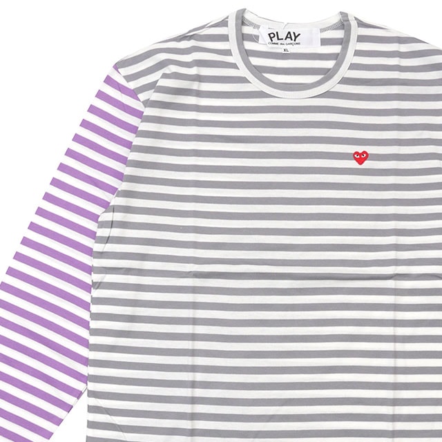 PLAY COMME des GARCONS MENS Small Red Heart Striped L/S T-Shirt GRAYxPURPLE 202-001248-062