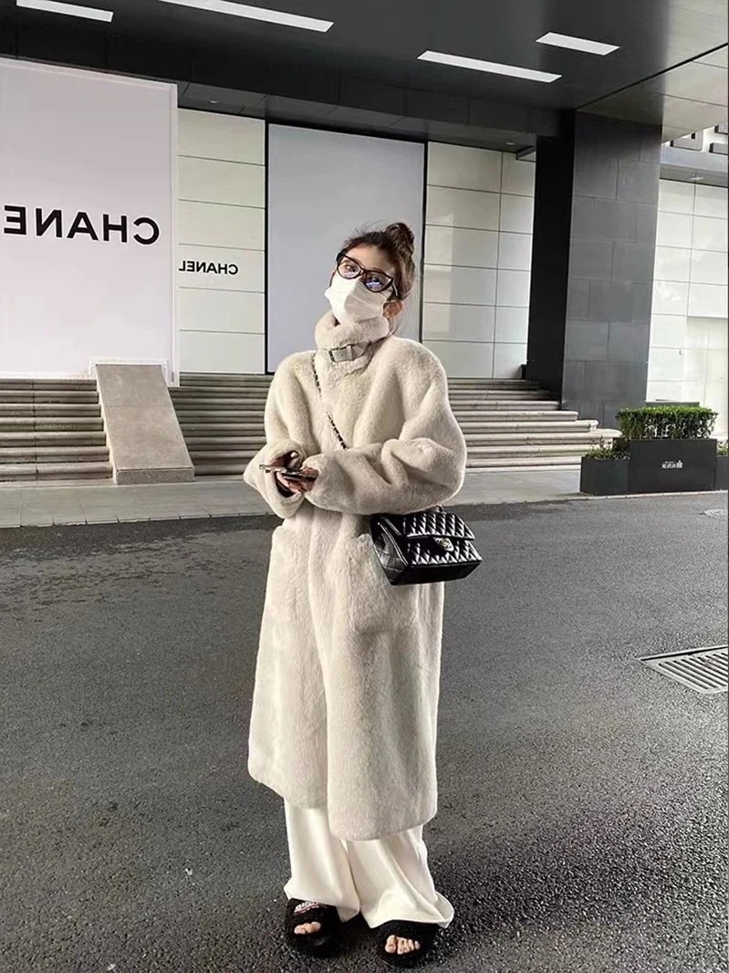 大好評 環境に優しいファーオールインワンコート女性用冬韓国スタイルミンクベルベットミッドレングス膝上スタンドアップカラー豪華なファーコート