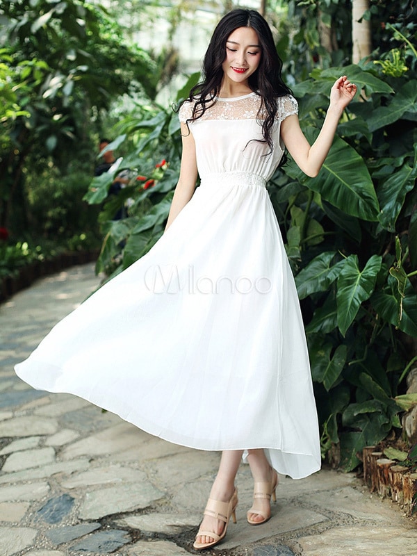 ヴィンテージレースの詳細ショートスリーブプリーツシフォンフレアワンピース