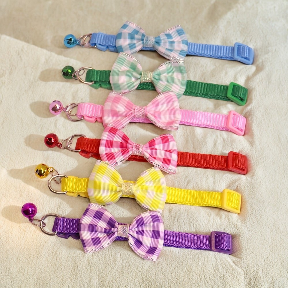 【1点ご購入 で10点プレゼントいたします】ペット首輪格子リボン猫首輪かわいい鈴犬首輪首輪アクセサリー