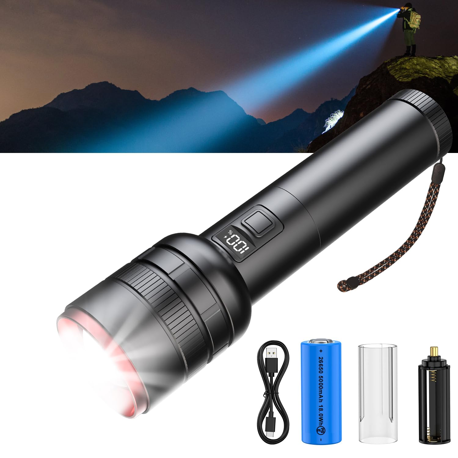 懐中電灯 ledライト フラッシュ【超高輝度 30000ルーメン 5000mAh】 Type-C 充電式/電池式 スマホに充電 ハンディライト 軍用 最強 IPX6防水 4モード調光 ズーム式 耐衝撃