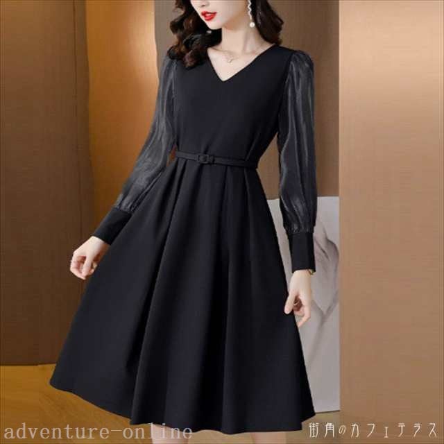 【2025新作入荷】ロングドレス 2色 ワンピース ドレス 衣装 パーティドレス ベルティングドレス ロング ロング丈 ひざ丈 袖あり 長袖 Vネック Aライ