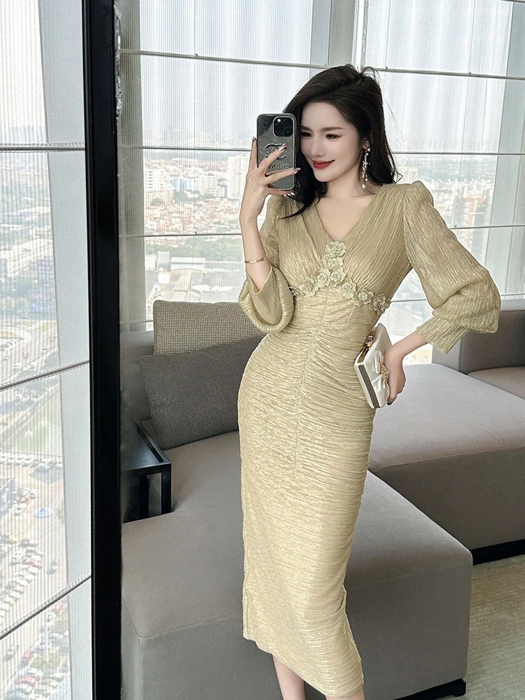 2024秋 vネック スリム 花飾り ドレス パーティー キャバ 大人 同窓会 披露宴 卒業式 結婚式 演奏会 ウェディング 二次会 メガ割30%までに制限