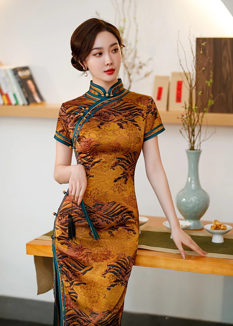 ワンピースドレスドレスフローラルグログレインロングハイスリットレイヤーショートスリーブチョンサム2025ファッション改善女性デイリーチョンサムスカート