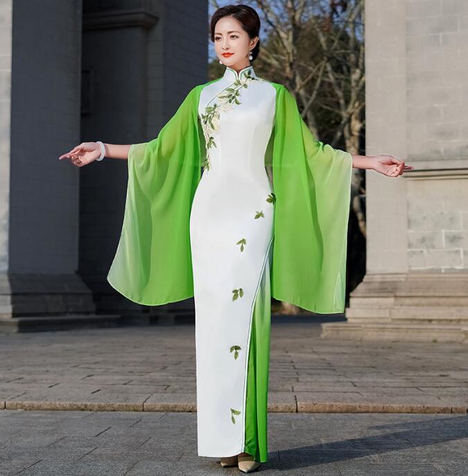 チャイナドレス 2点セット ドレス＋ショール 袖なし 細身ドレス 刺繍 マキシ丈 チーパオ 中華風ドレス エレガント パーティードレス 発表会 謝恩会 花嫁 お呼ばれ 中華風ドレス 中華服 合唱団服
