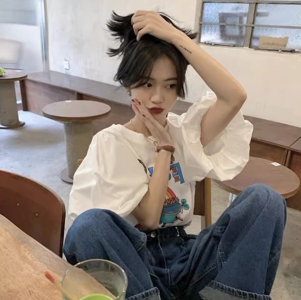 トップス Tシャツ 袖あり パフスリーブ 半袖 クルーネック 襟なし デザイン 美ライン ニュアンス ヴィンテージ風 かわいい 大人可愛い きれいめ シンプル カジュアル 大人 上品 おしゃれ お洒落