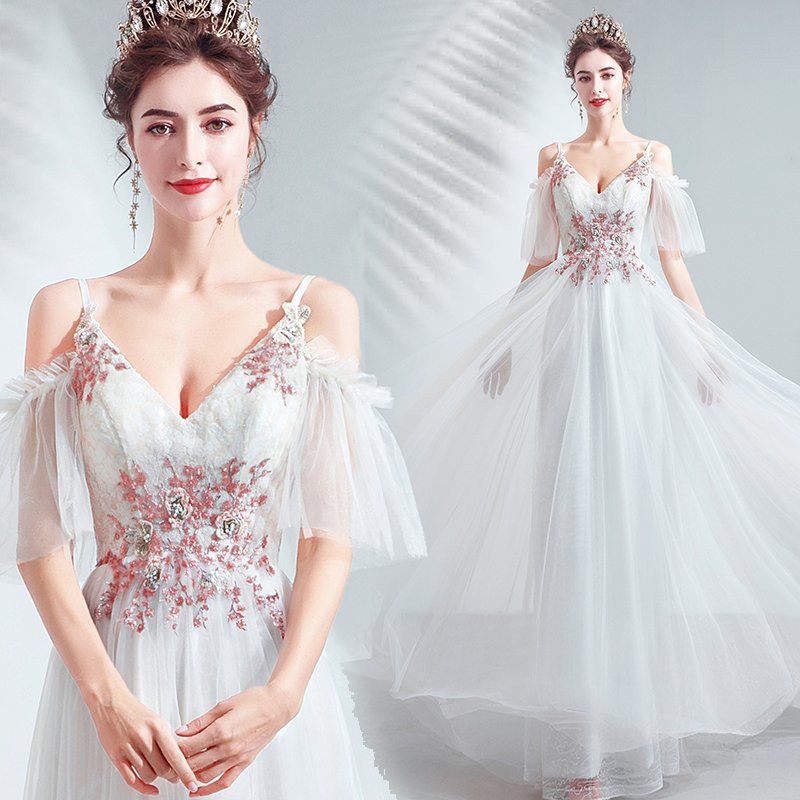 ウェディングドレス 結婚式 レディース 二次会ドレス 花嫁ドレス パーティードレス ロングドレス 演奏会 イブニングドレス 披露宴 コンサート レース vネック